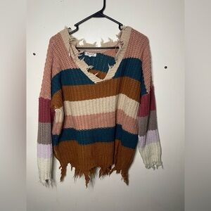 Miracle Womens size, small/medium, Sweater Pullover Striped Fringe Chunky Knit